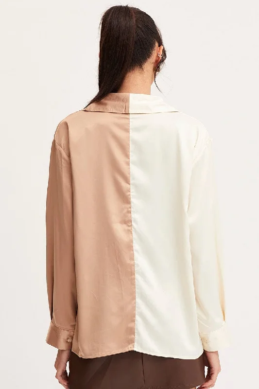 Multi Shirt Top Long Sleeve Collared Satin