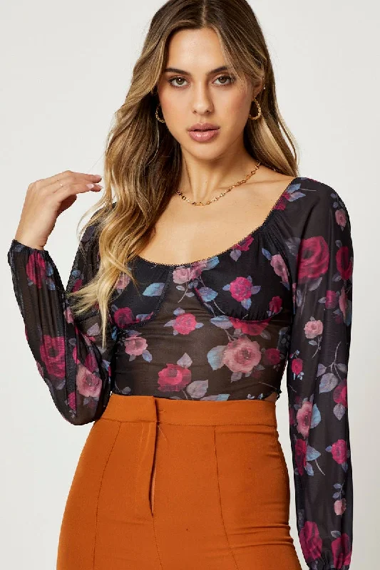 Print Mesh Long Sleeve Top