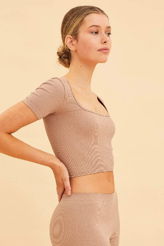 Beige Seamless T-Shirt Crop Short Sleeve Square Neck