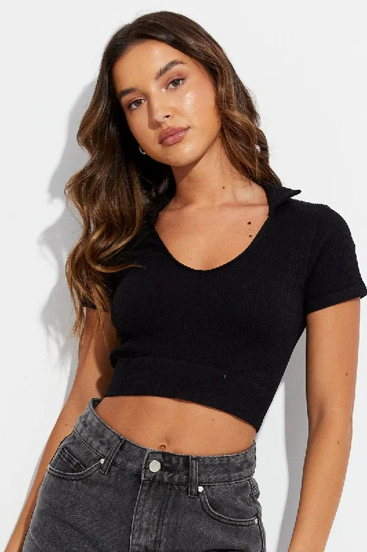 Black Collar Top Short Sleeve Seamless