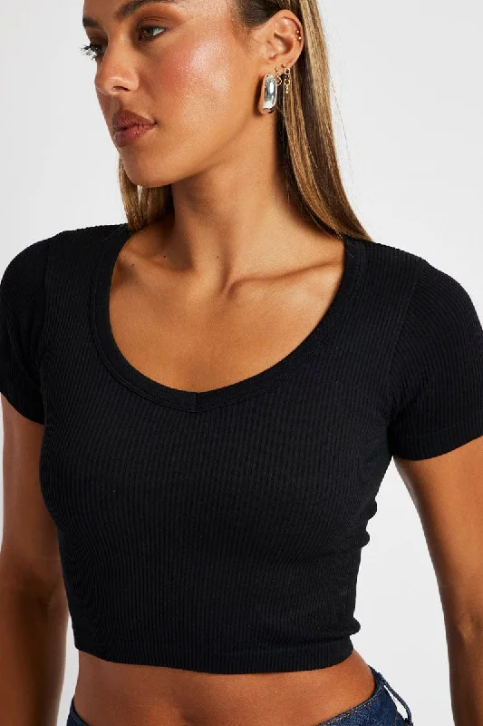 Black Crop T Shirt Short Sleeve V Neck Seamless