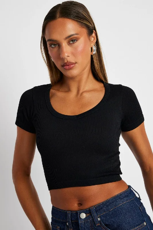 Black Crop T Shirt Short Sleeve V Neck Seamless