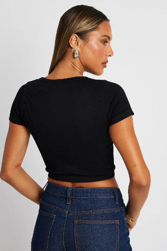 Black Crop T Shirt Short Sleeve V Neck Seamless