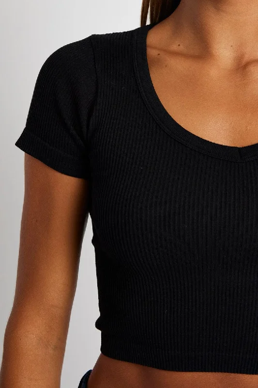 Black Crop T Shirt Short Sleeve V Neck Seamless