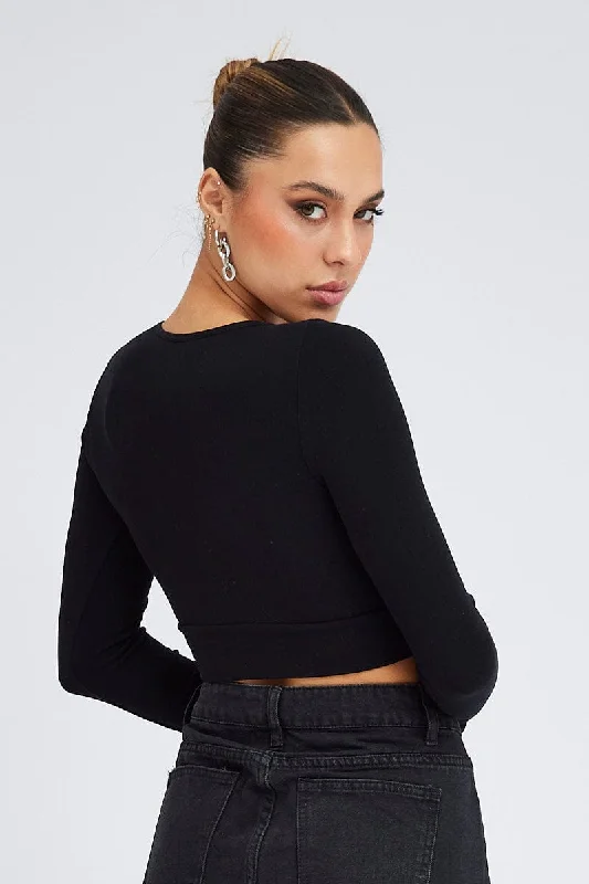 Black Cut Out Top Long Sleeve Crew Neck Seamless