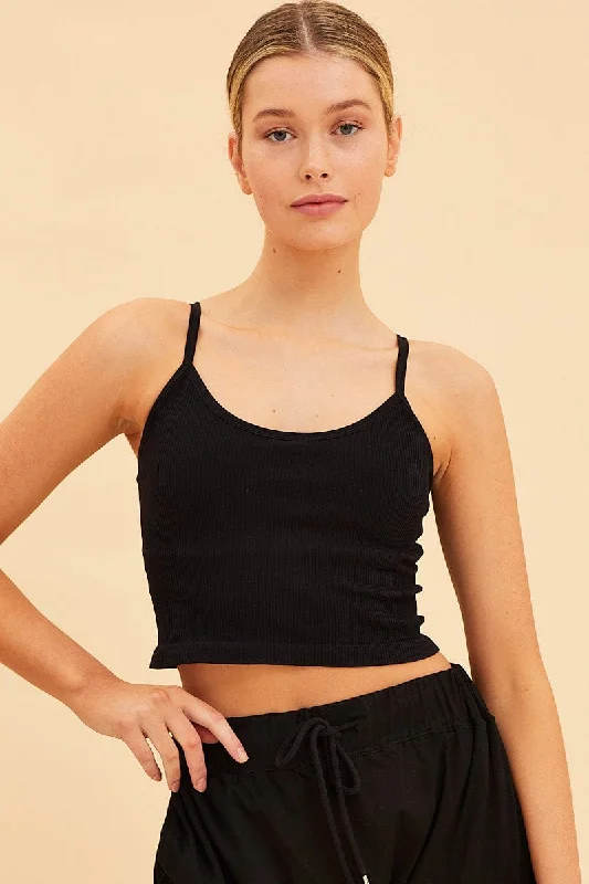 Black Seamless Singlet Top Scoop Neck Rib Crop