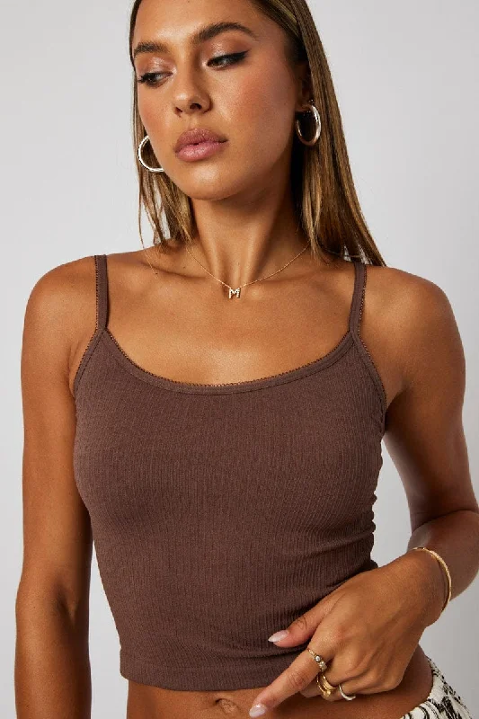 Brown Singlet Top Scoop neck Seamless