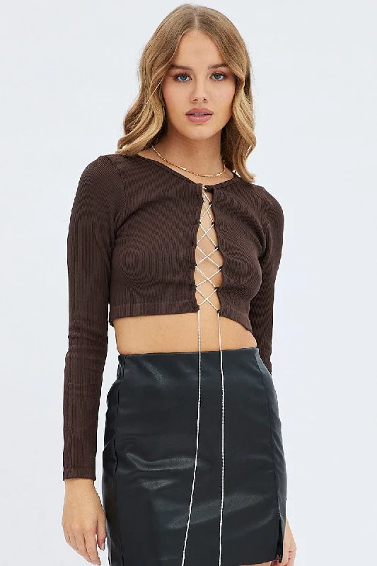 Brown Top Crop Round Neck Diamante Seamless