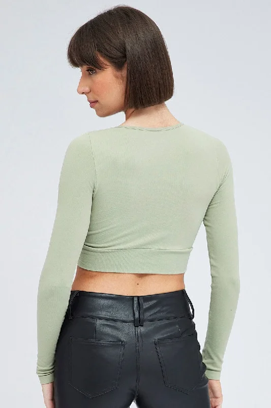 Green Cut Out Top Long Sleeve Crew Neck Seamless