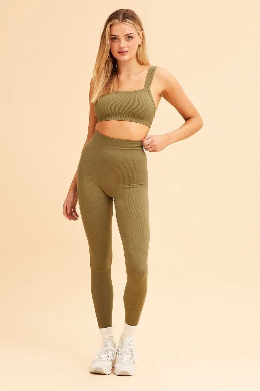 Green Nico Seamless Rib Straight Neck Crop Top