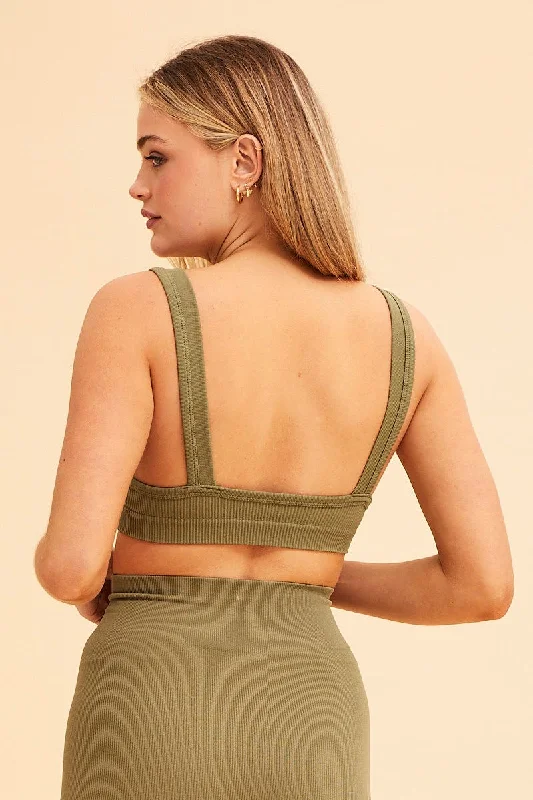 Green Nico Seamless Rib Straight Neck Crop Top