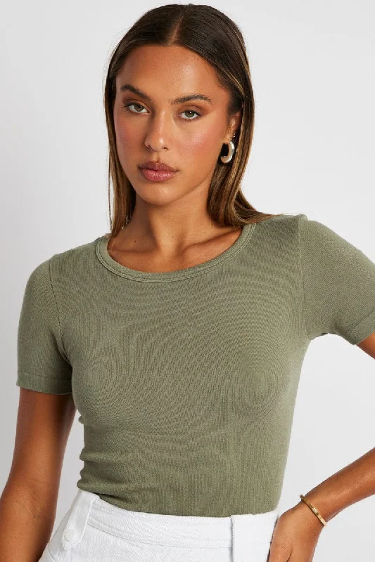 Green T Shirt Short Sleeve Crew Neck Seamless