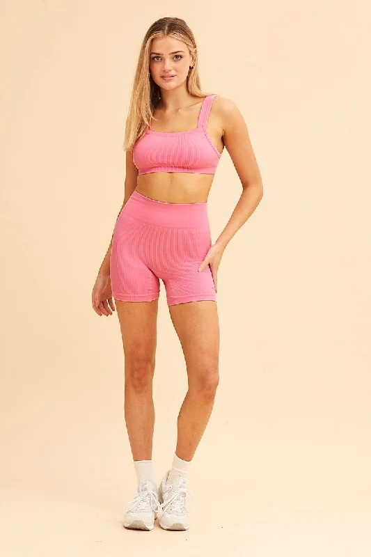 Pink Nico Seamless Rib Straight Neck Crop Top