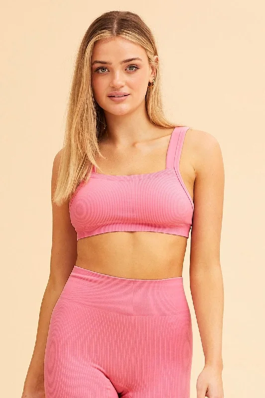 Pink Nico Seamless Rib Straight Neck Crop Top