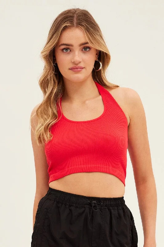 Red Halter Top Round Neck Seamless