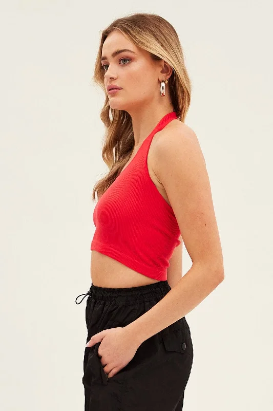 Red Halter Top Round Neck Seamless