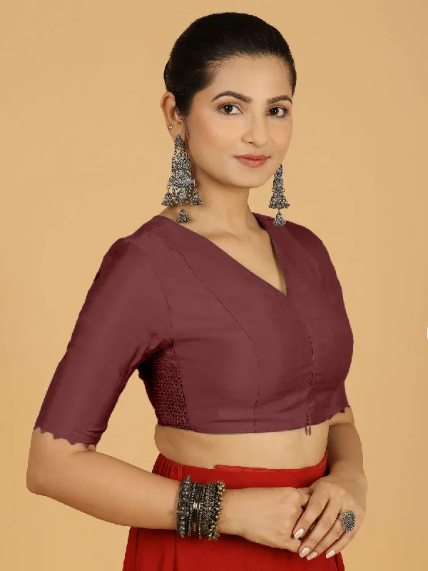 Divya x Rozaana | Elbow Sleeves Saree Blouse in Deep Maroon