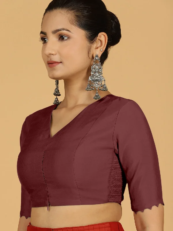 Divya x Rozaana | Elbow Sleeves Saree Blouse in Deep Maroon