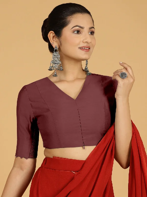 Divya x Rozaana | Elbow Sleeves Saree Blouse in Deep Maroon