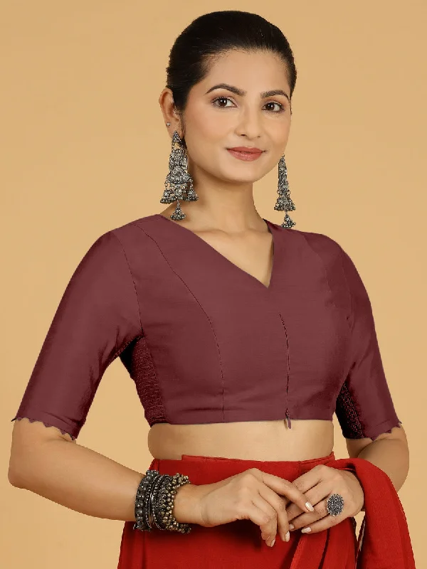 Divya x Rozaana | Elbow Sleeves Saree Blouse in Deep Maroon