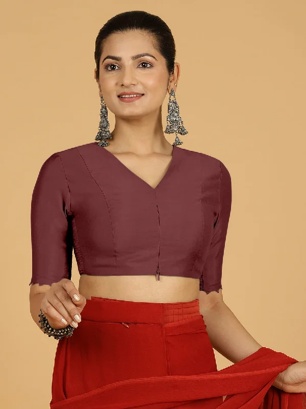 Divya x Rozaana | Elbow Sleeves Saree Blouse in Deep Maroon