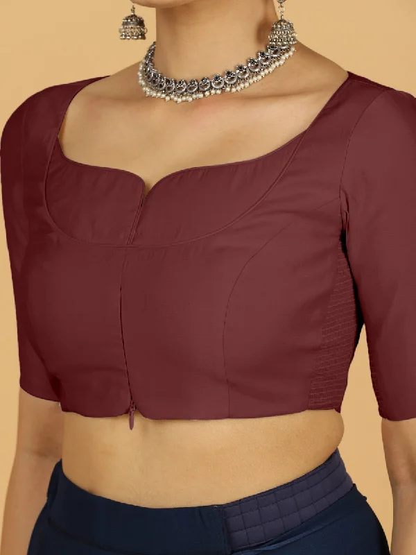 Priya x Rozaana | Elbow Sleeves Saree Blouse in Deep Maroon