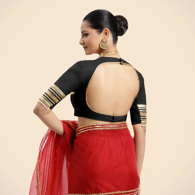 Farheen x Tyohaar | Charcoal Black Embellished Elbow Sleeves FlexiFit™ Saree Blouse with Zero Neck with Back Cut-Out and Golden Gota Embellishment