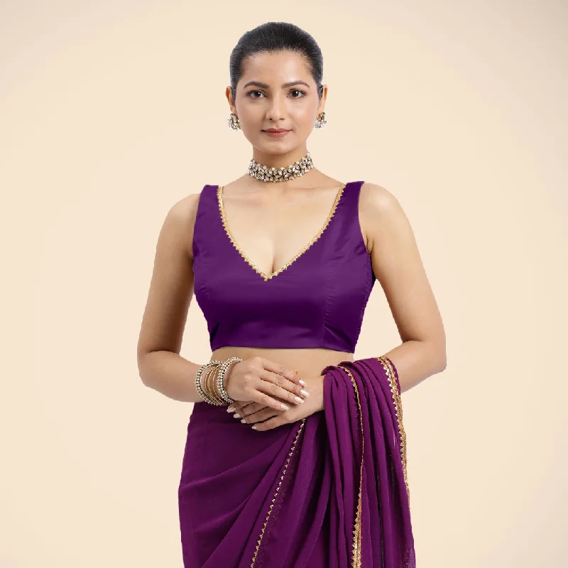 Raisa x Tyohaar | Purple Sleeveless FlexiFit™ Saree Blouse with V Neckline with Golden Gota Lace Embellishment and Back Cut-out with Tie-Up