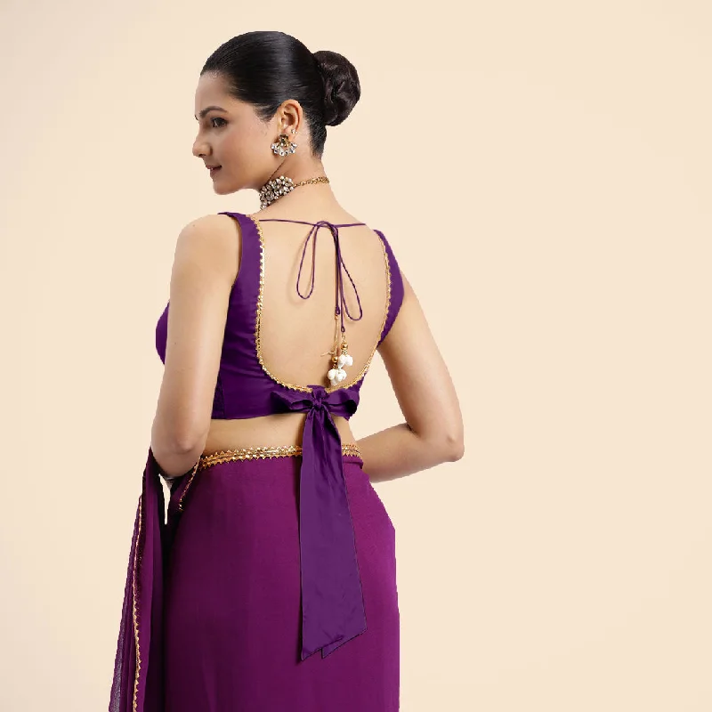 Raisa x Tyohaar | Purple Sleeveless FlexiFit™ Saree Blouse with V Neckline with Golden Gota Lace Embellishment and Back Cut-out with Tie-Up