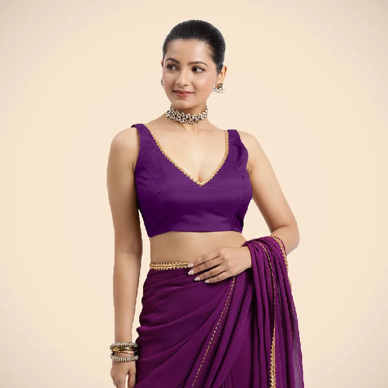 Raisa x Tyohaar | Purple Sleeveless FlexiFit™ Saree Blouse with V Neckline with Golden Gota Lace Embellishment and Back Cut-out with Tie-Up