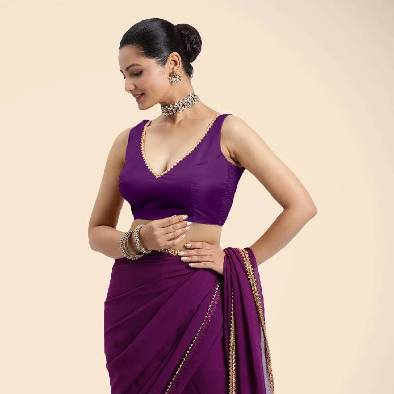 Raisa x Tyohaar | Purple Sleeveless FlexiFit™ Saree Blouse with V Neckline with Golden Gota Lace Embellishment and Back Cut-out with Tie-Up