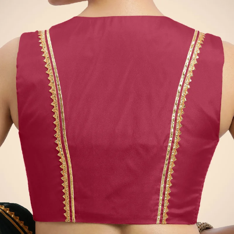 Veena x Tyohaar | Rani Pink Sleeveless FlexiFit™ Saree Blouse with Front Open Closed Neckline with Slit and Golden Gota Lace