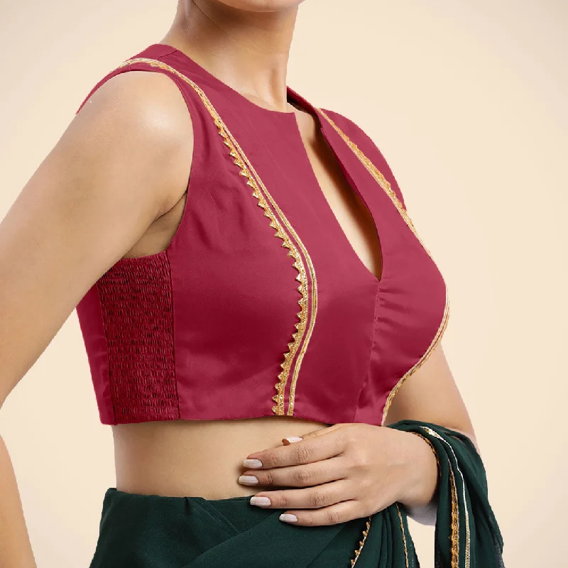 Veena x Tyohaar | Rani Pink Sleeveless FlexiFit™ Saree Blouse with Front Open Closed Neckline with Slit and Golden Gota Lace