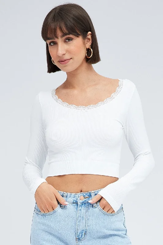 White Top Long Sleeve Round Neck Seamless