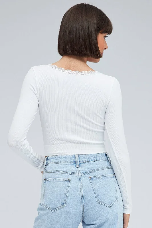 White Top Long Sleeve Round Neck Seamless