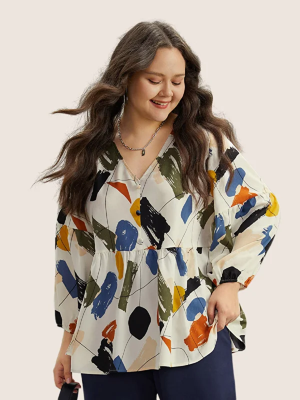 Brush Print Button Detail Elastic Cuffs Blouse