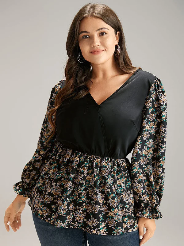 Ditsy Floral Patchwork Elastic Waist Blouse