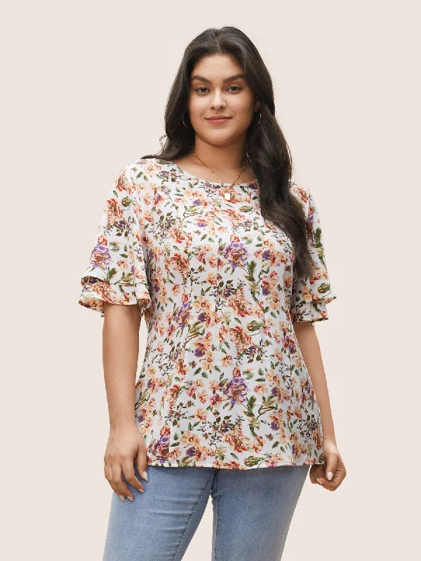 Floral Print Tiered Flutter Sleeve Blouse