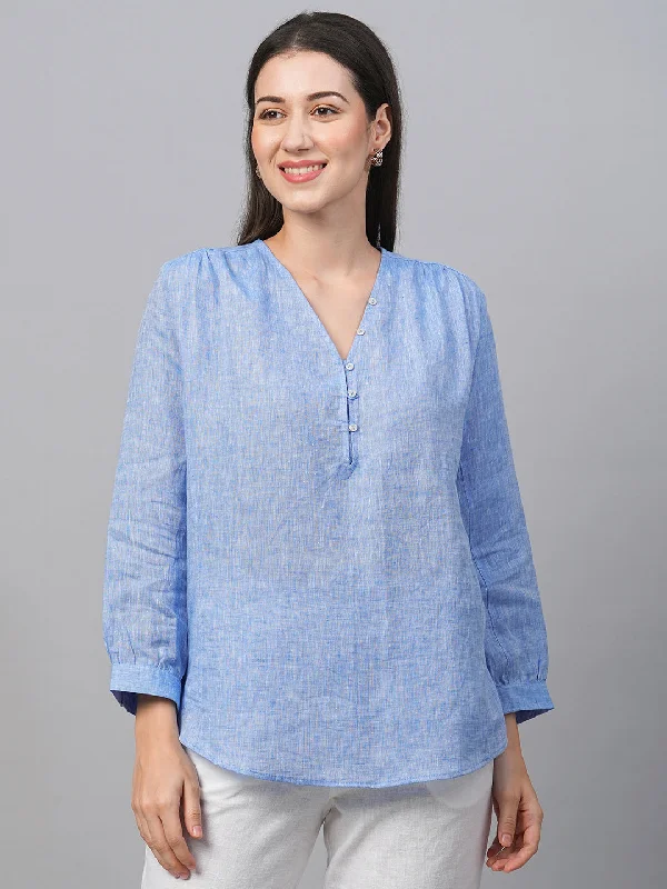 Women's Chambray Blue Linen Loose Fit Blouse