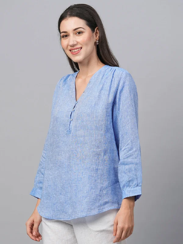 Women's Chambray Blue Linen Loose Fit Blouse