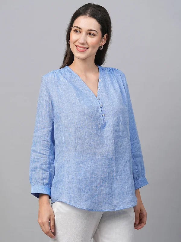 Women's Chambray Blue Linen Loose Fit Blouse