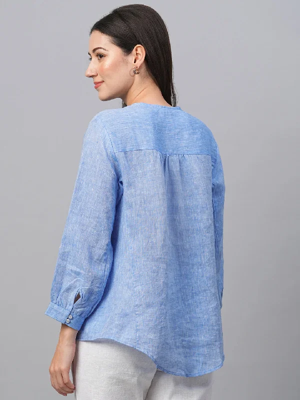 Women's Chambray Blue Linen Loose Fit Blouse