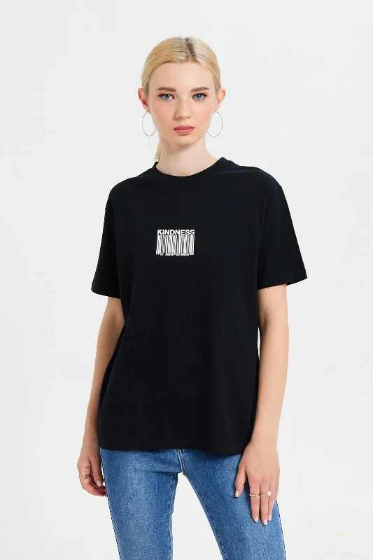 Women Black Oversized T-Shirt With Placement Print