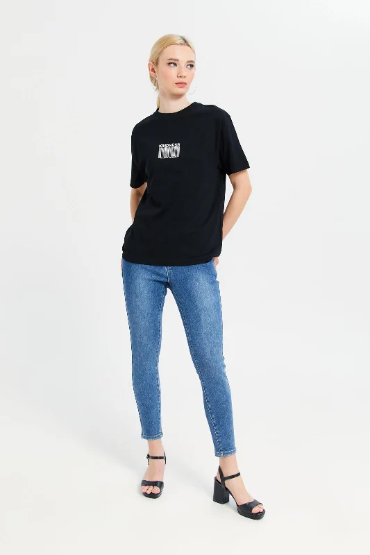 Women Black Oversized T-Shirt With Placement Print