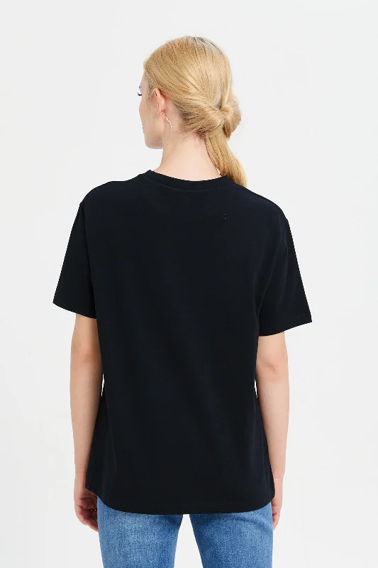 Women Black Oversized T-Shirt With Placement Print