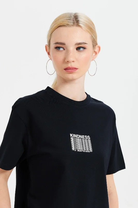 Women Black Oversized T-Shirt With Placement Print