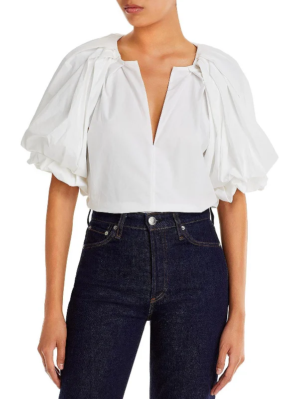 Cara Womens Puff Sleeves Split Neckline Blouse