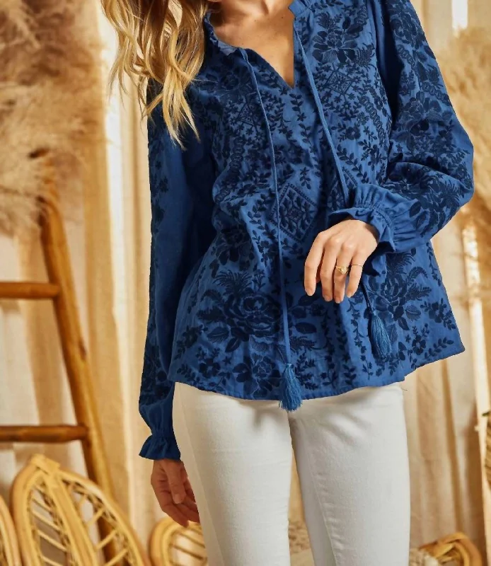 Embroidered Tunic Top In Navy