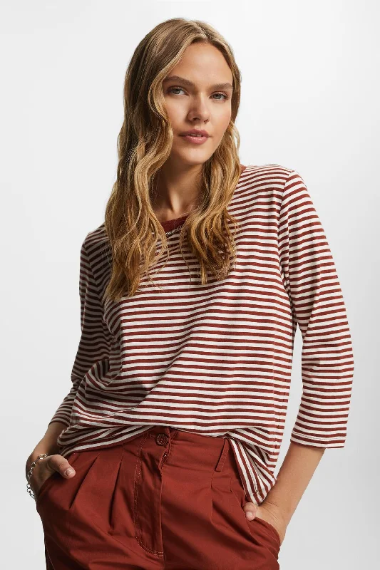 Esprit 3/4 Sleeve Striped Cotton T-Shirt