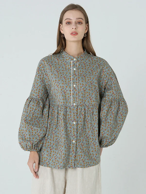 Plus Size Floral Prints Loose Long Sleeve Spring Women Shirt M-2XL